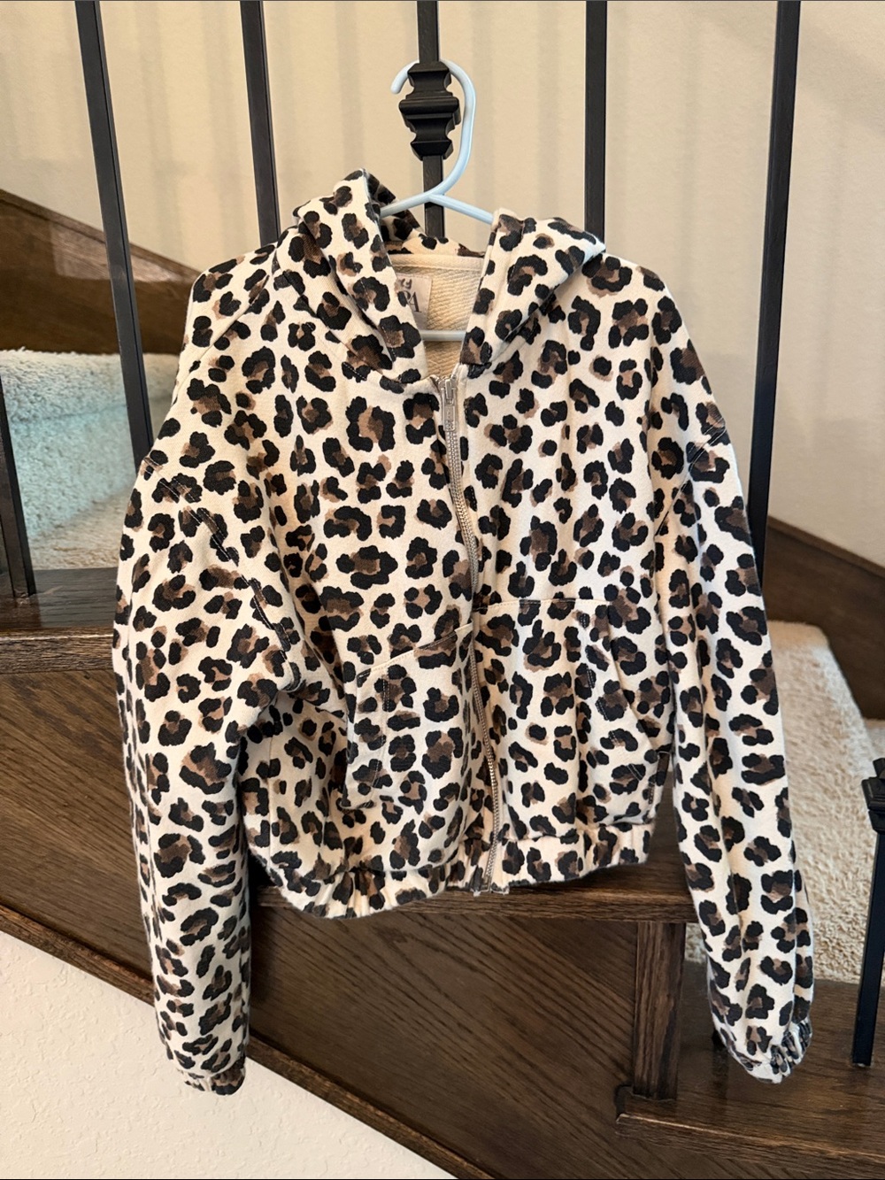 Zara Kids Leopard Print Zip-Up Hoodie Jacket - Cream, Brown, Black